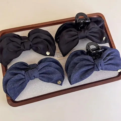 Grandi Mollette per Capelli a Fiocco Retro Francese Denim Raso Stoffa Forcine Eleganti Banana Clips Accessori Donna