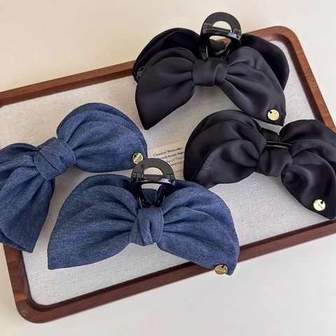 Grandi Mollette per Capelli a Fiocco Retro Francese Denim Raso Stoffa Forcine Eleganti Banana Clips Accessori Donna