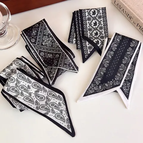 French Style Paisley Print Narrow Scarf For Women Polyester Satin Skinny Tie Bag Handle Ribbon Hair Band Headband Neck Scarf