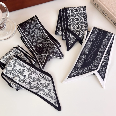 French Style Paisley Print Narrow Scarf For Women Polyester Satin Skinny Tie Bag Handle Ribbon Hair Band Headband Neck Scarf