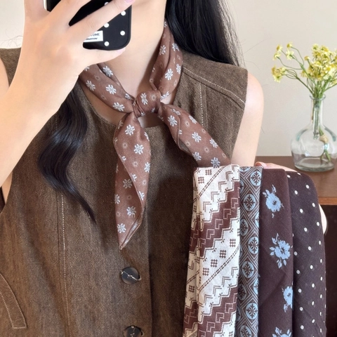 Französische Vintage Maillard Braune Quadratische Sjaal Polyester Blumen Punktemuster Kopftuch Halstuch Haar Accessoires Damen
