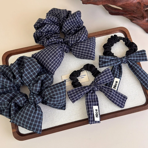 Vintage Britischer Stil Karo Schleife Haargummi Stoff Karomuster Pferdeschwanz Halter Elastische Große Kleine Haarschmuck