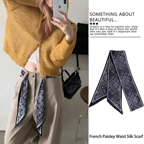 French Style Paisley Print Narrow Scarf For Women Polyester Satin Skinny Tie Bag Handle Ribbon Hair Band Headband Neck Scarf