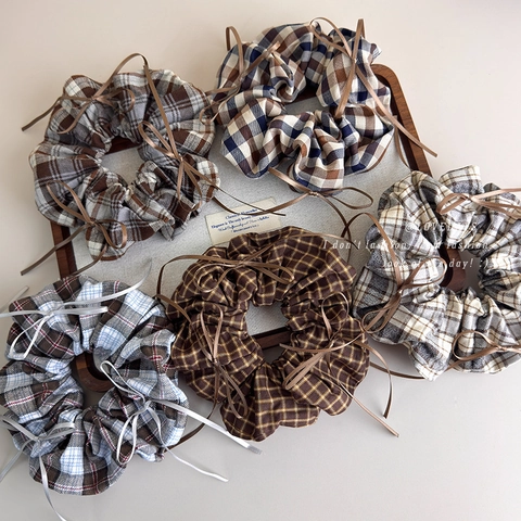 Coletero con Lazo Plaid Vintage Maillard Marrón Tela Grande Goma para el Pelo para Mujer Estilo Académico Dulce Cuerda para el Pelo Cinta Accesorios para el Cabello
