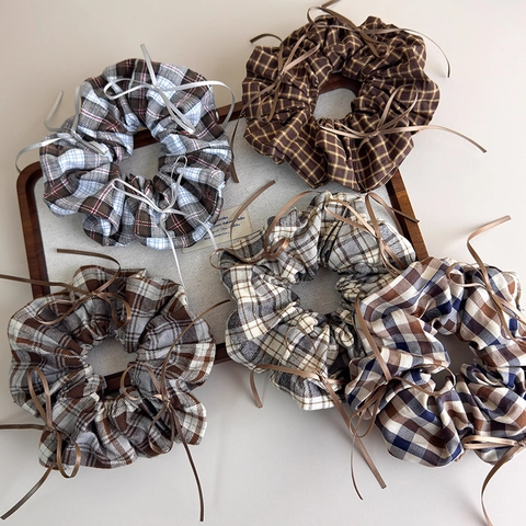 Coletero con Lazo Plaid Vintage Maillard Marrón Tela Grande Goma para el Pelo para Mujer Estilo Académico Dulce Cuerda para el Pelo Cinta Accesorios para el Cabello