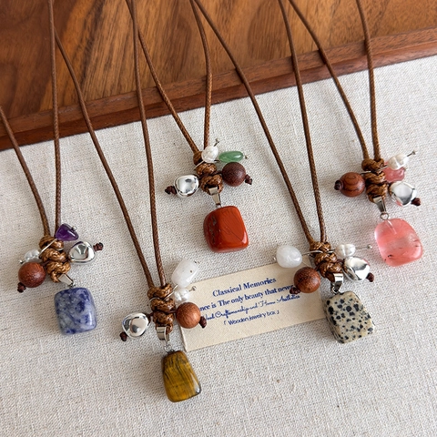 Vintage Ethno Naturstein Anhänger Halskette Gewebtes Wachsseil Holzperlen Künstliche Perle Pullover Kette Für Damen Schmuck
