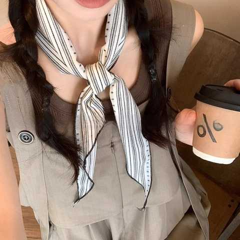 Vintage Stripe Dot Print Triangle Scarf Women French Style Fabric Hair Band Headscarf Neck Scarf Elegant Accessories