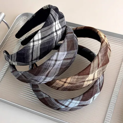 Franse Vintage Plaid Stof Brede Hoofdband Voor Vrouwen Gewatteerde Verdikte Haarband Mode Spons Hoofdband Retro Plaid Haarring