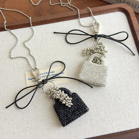 Stainless Steel Rhinestone Mini Bag Pendant Necklace Long Bead Chain Bowknot Sweater Chain Fashion Jewelry For Women