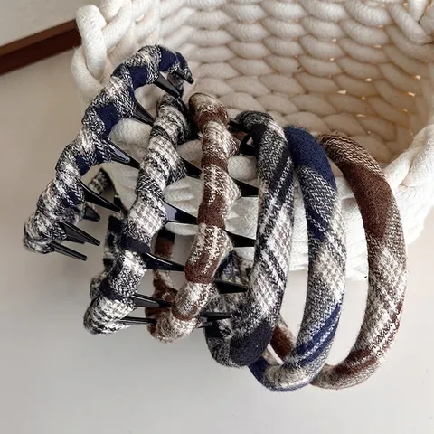 Diadema Forrada de Tela a Cuadros Estilo Coreano Con Dientes Diadema Antideslizante Vintage Accesorios para el Cabello Mujer