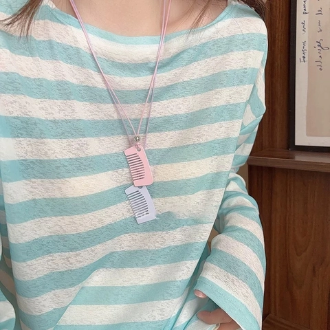 Mode Legierung Kamm Anhänger Halskette Farbige Wachsseil Lange Kette Mit Silberperle Accessoire Für Damen Light Luxury Stil