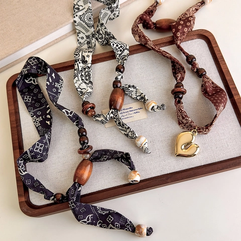 Retro Böhmische Paisleymuster Stoffkette Handgefertigte Holzperlen Schal Lange Anhänger Kette Für Damen Ethno Schmuck Geschenk