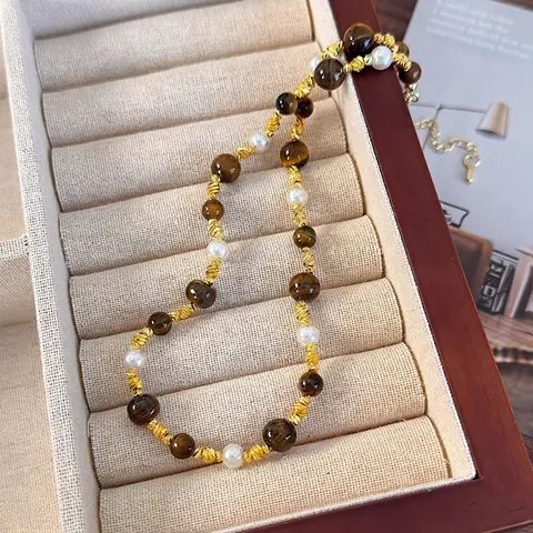 Collana Retro con Occhio di Tigre e Perla Artificiale per Donna Choker in Lega Dorata con Catena Regolabile Gioielli di Moda Regalo