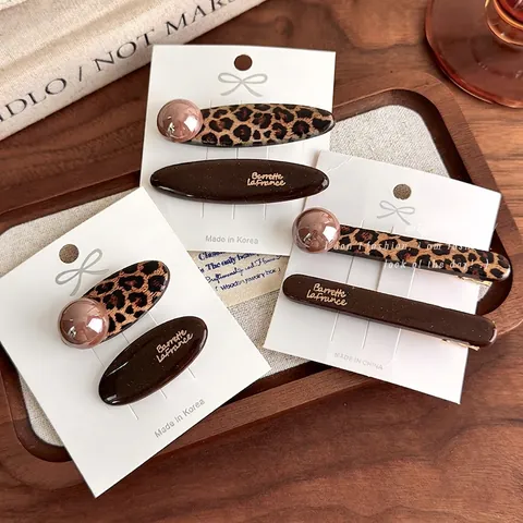 Set di Fermagli per Capelli Vintage con Stampa Leopardata Donna Stile Francese in Resina Clip a Becco d'Anatra Ovali