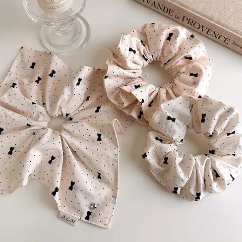 Scrunchie in Tessuto Beige a Pois Stile Francese Con Fiocco Dolce Korean Hair Styling Accessori per Capelli Donna Gioielli
