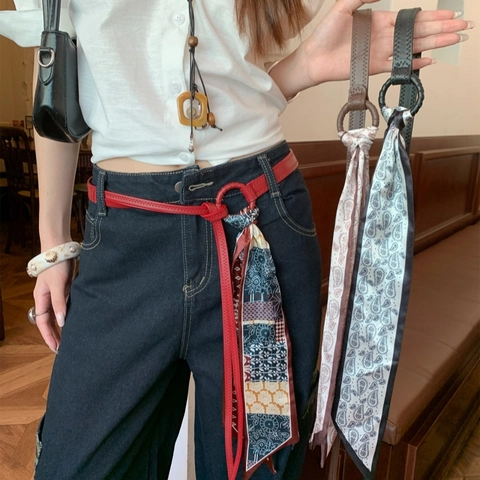 Damen Vintage Paisley Print Satin Halstuch Gürtel Mit Metall Rundschnalle Kunstleder Taillenkette Boho Dekogürtel