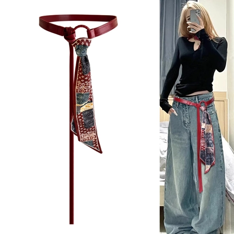 Damen Vintage Paisley Print Satin Halstuch Gürtel Mit Metall Rundschnalle Kunstleder Taillenkette Boho Dekogürtel