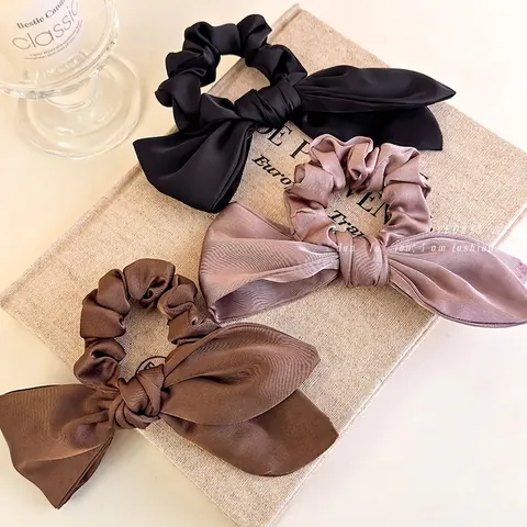 Scrunchie con Fiocco in Raso Chic Francese Elegante Struttura in Raso Elastico per Capelli Retro Grande Fiocco per Donna