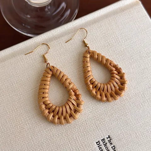 Orecchini a Goccia Intrecciati in Rattan Bohemien da Donna Pendenti Geometrici in Legno Vintage Fatti a Mano Gioielli Mare