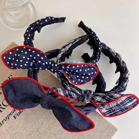 Navy Blue Denim Polka Dot Grid Bowknot Hair Band Korean Academic Style Contrast Red Stitching Non-Slip Teeth Headband