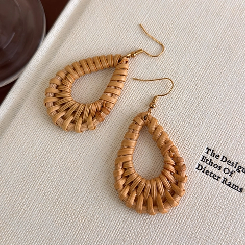Orecchini a Goccia Intrecciati in Rattan Bohemien da Donna Pendenti Geometrici in Legno Vintage Fatti a Mano Gioielli Mare
