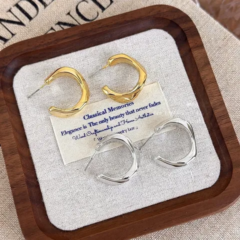 Pendientes de Aro Geométricos Irregulares Vintage Francés de Plástico Galvanizado Ligero Con Poste de Cobre Oro Plata Joyería para Mujer