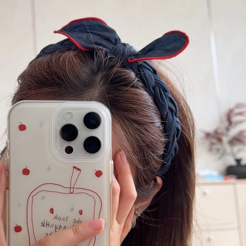 Navy Blue Denim Polka Dot Grid Bowknot Hair Band Korean Academic Style Contrast Red Stitching Non-Slip Teeth Headband