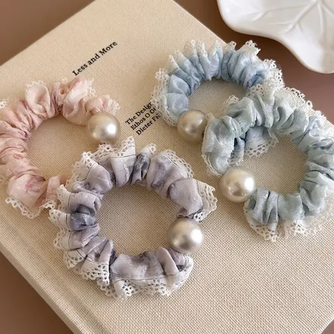 Chouchous en Dentelle et Perles Style Français Élastiques en Mousseline Élégants Motif Marbre Doux pour Femmes Accessoires