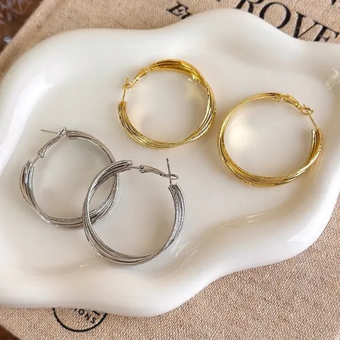 Boucles d'Oreilles Créoles Vintage en Alliage Mat Multicouche Avec Tige en Cuivre Or Argent Géométrique Femme Bijoux