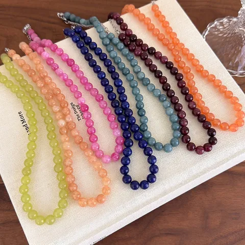 Minimalistisch Naturstein Perlen Halskette Damen Elegant Bunt Rundstein Edelstahl Verschluss Choker Schmuck Geschenk