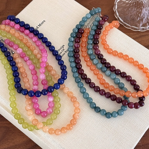 Minimalistisch Naturstein Perlen Halskette Damen Elegant Bunt Rundstein Edelstahl Verschluss Choker Schmuck Geschenk