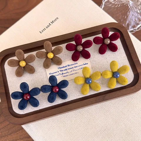 Pendientes de Botón de Flor de Flocado Vintage Coreano Contraste de Color Joyería de Resina para Mujer Accesorio Dulce