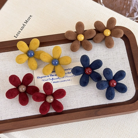 Pendientes de Botón de Flor de Flocado Vintage Coreano Contraste de Color Joyería de Resina para Mujer Accesorio Dulce