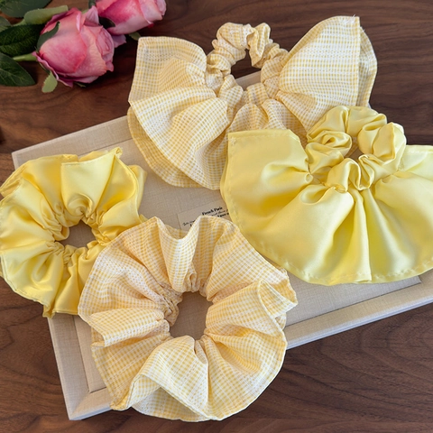 Chouchous à Volants Vichy Jaune Style Coréen Grands Chouchous en Satin Plissé Attache Cheveux Élastique pour Femmes