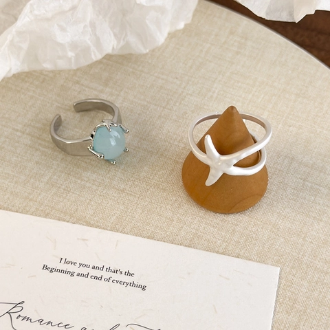 Anillo de Cobre Ajustable Abierto de Estrella de Mar de Verano para Mujer Joyas de Anillo de Dedo Geométrico de Piedra de Vidrio Azul Claro de Estilo de Vacaciones