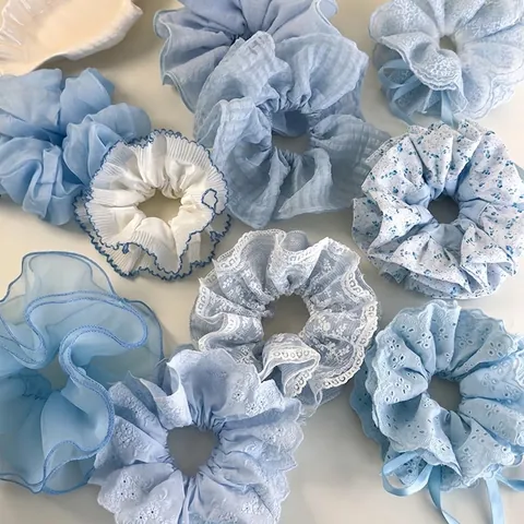 Chouchous Doux en Polyester Bleu et Blanc avec Dentelle et Plaid Élastiques à Cheveux Broderie Florale Grands Nœuds en Ruban pour Femmes Accessoires Cheveux