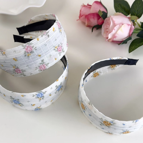 Diadema Ancha de Tela con Estampado Floral Pastoral Francés Dulce Diadema Con Dientes Antideslizantes Accesorios Para El Cabello