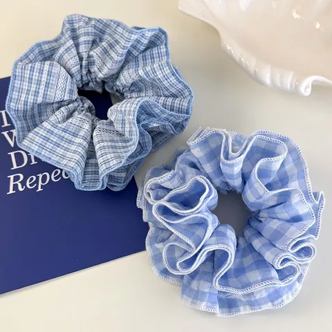Damen Blau Weiß Gingham Scrunchies Karierter Stoff Große Haargummis Frisch Süß Stil Pferdeschwanz Halter Mode Haarschmuck
