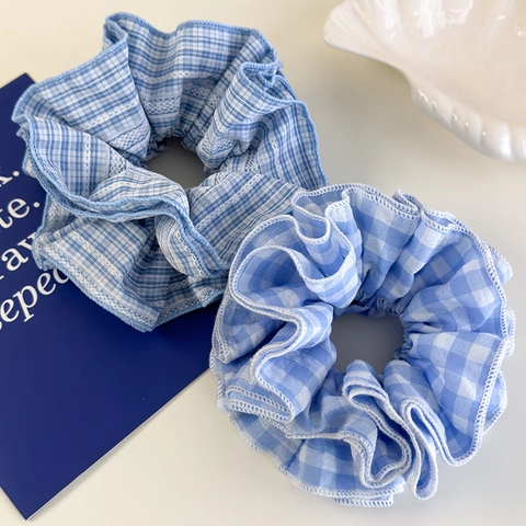 Damen Blau Weiß Gingham Scrunchies Karierter Stoff Große Haargummis Frisch Süß Stil Pferdeschwanz Halter Mode Haarschmuck