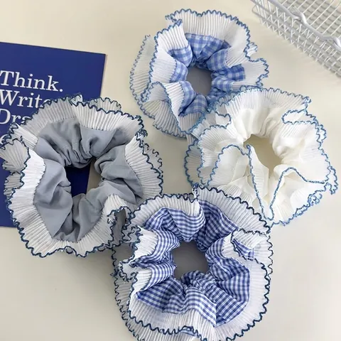 Zoet Blauw Ruit Oversized Scrunchie Dubbellaagse Kantrand Geplooid Haarelastiek Fris Stijl Paardenstaarthouder Mode Haaraccessoire