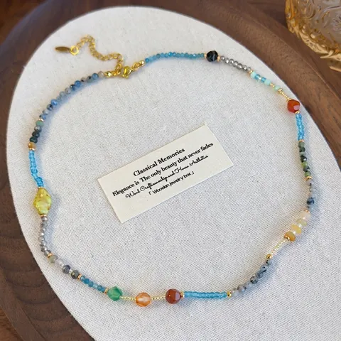 Collar de Cuentas Multicolor Piedra Natural Mezclada Cristal Artificial Cuentas de Vidrio Cadena de Oro Ajustable Étnico Joyería Mujer