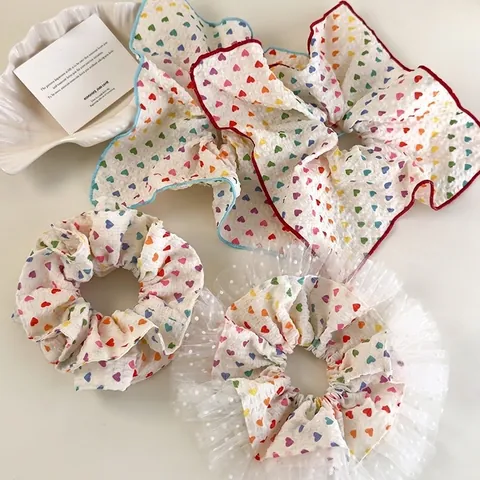 Zoete Kleurrijke Hart Print Bubbel Stof Scrunchies Voor Vrouwen Schattige Regenboog Kant Rand Haarelastiekjes Koreaanse Mode Hoofddeksels