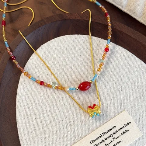 Collana a Perline Multicolore in Stile Etnico per Donna Estate Doppio Strato Retro Acciaio Inossidabile Cristallo Artificiale Ciondolo Choker
