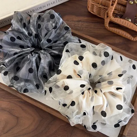Coletero de Lunares de Organza de Gran Tamaño de Estilo Coreano Elegante Atadura de Pelo de Doble Capa Volantes de Malla para Mujer Accesorios Pelo