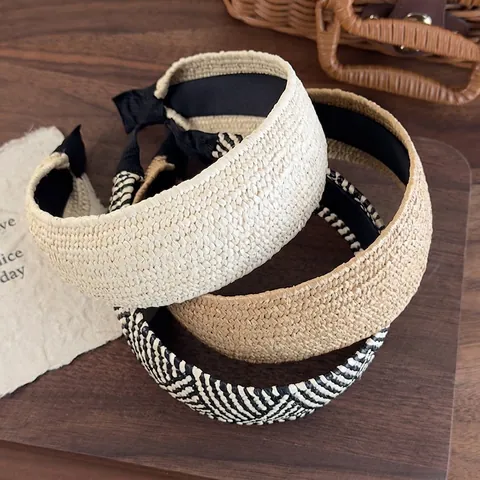 Cerchietto Largo in Paglia Intrecciata Vintage da Donna Stile Boho Cerchietto per Capelli per Vacanze Estive in Spiaggia