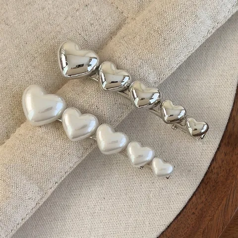 Fermagli Per Capelli In Lega A Forma Di Cuore Dolce In Stile Coreano Per Donna Clip A Becco D'Anatra In Perla Artificiale Bianca Argento Eleganti Accessori Per Capelli