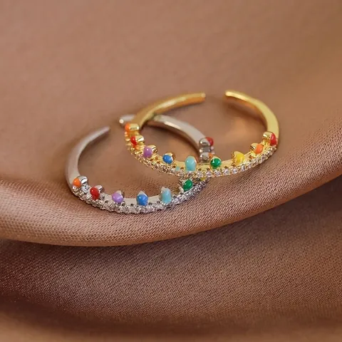 Anillo Abierto Ajustable de Esmalte Arcoíris Romántico Francés Cobre Zirconia Incrustado Bohemio Anillos Minimalistas Mujer
