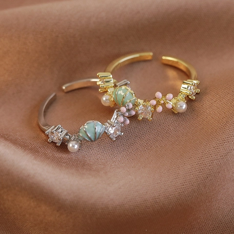 Anillo Abierto Ajustable de Cobre Con Esmalte Forma de Concha y Flor Perla Artificial y Zircón Joyería Moda Tema Océano Mujer