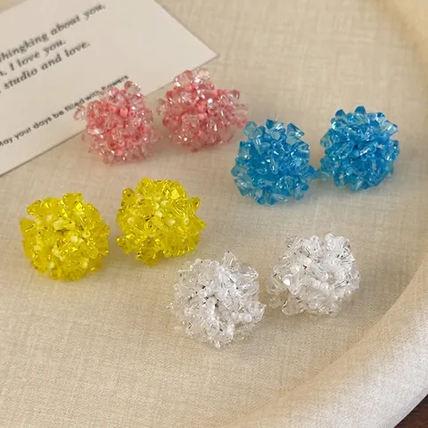 Handmade Beaded Hydrangea Stud Earrings Colorful Synthetic Crystal Ball Flower Earrings For Women Resort Style Jewelry
