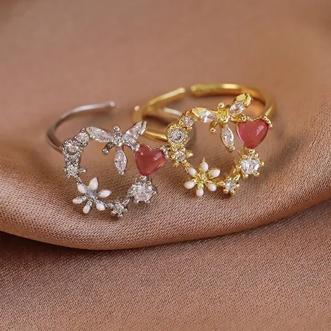 Anello Regolabile a Ghirlanda di Cuore Dolce in Rame Smalto Fiore Zircone Farfalla Anello Aperto Gioielli da Donna Regalo Romantico